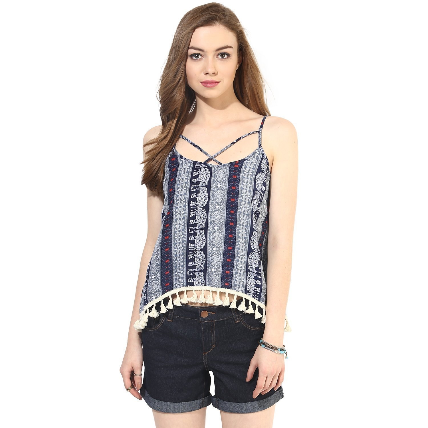 Elephant Boho Print Boho Swing Top with Lace Hem