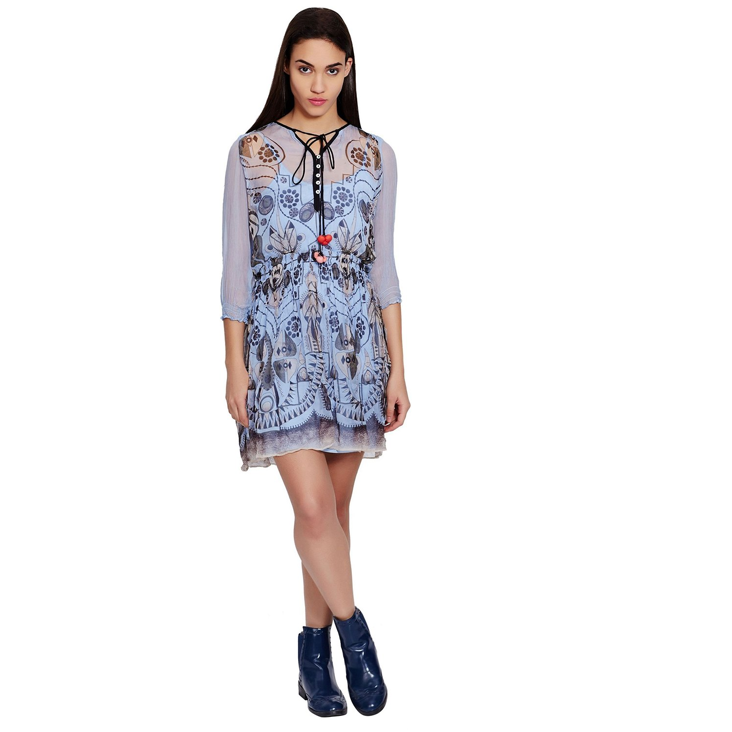 Ritu Kumar Designer Blue Mini Dress With Exquisite Floral Prints And Pleated Detailing